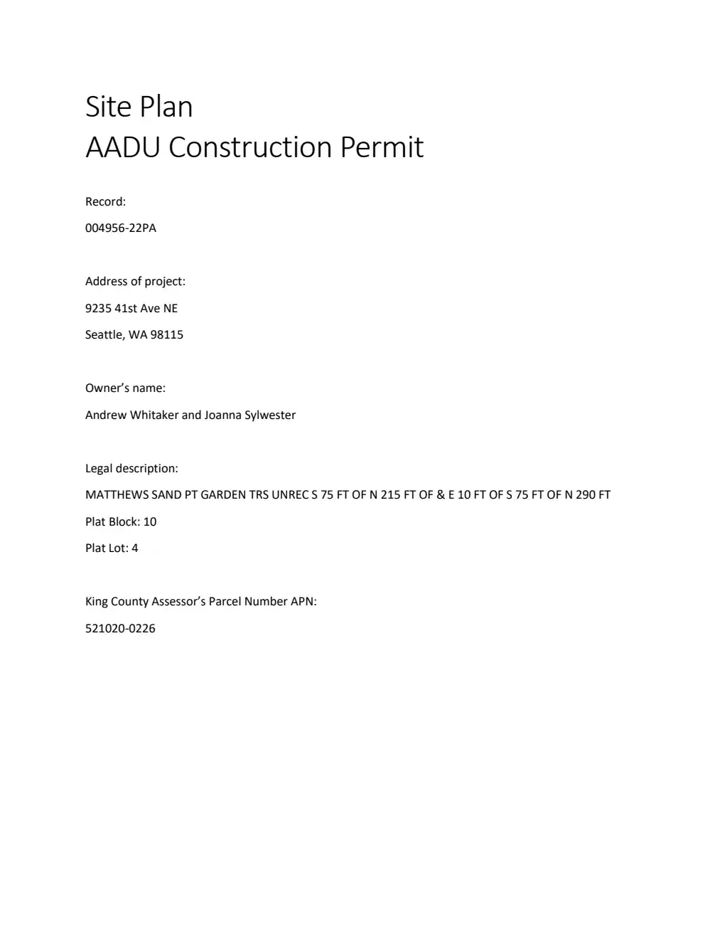 Site plan for 9235 B 41st Ave NE