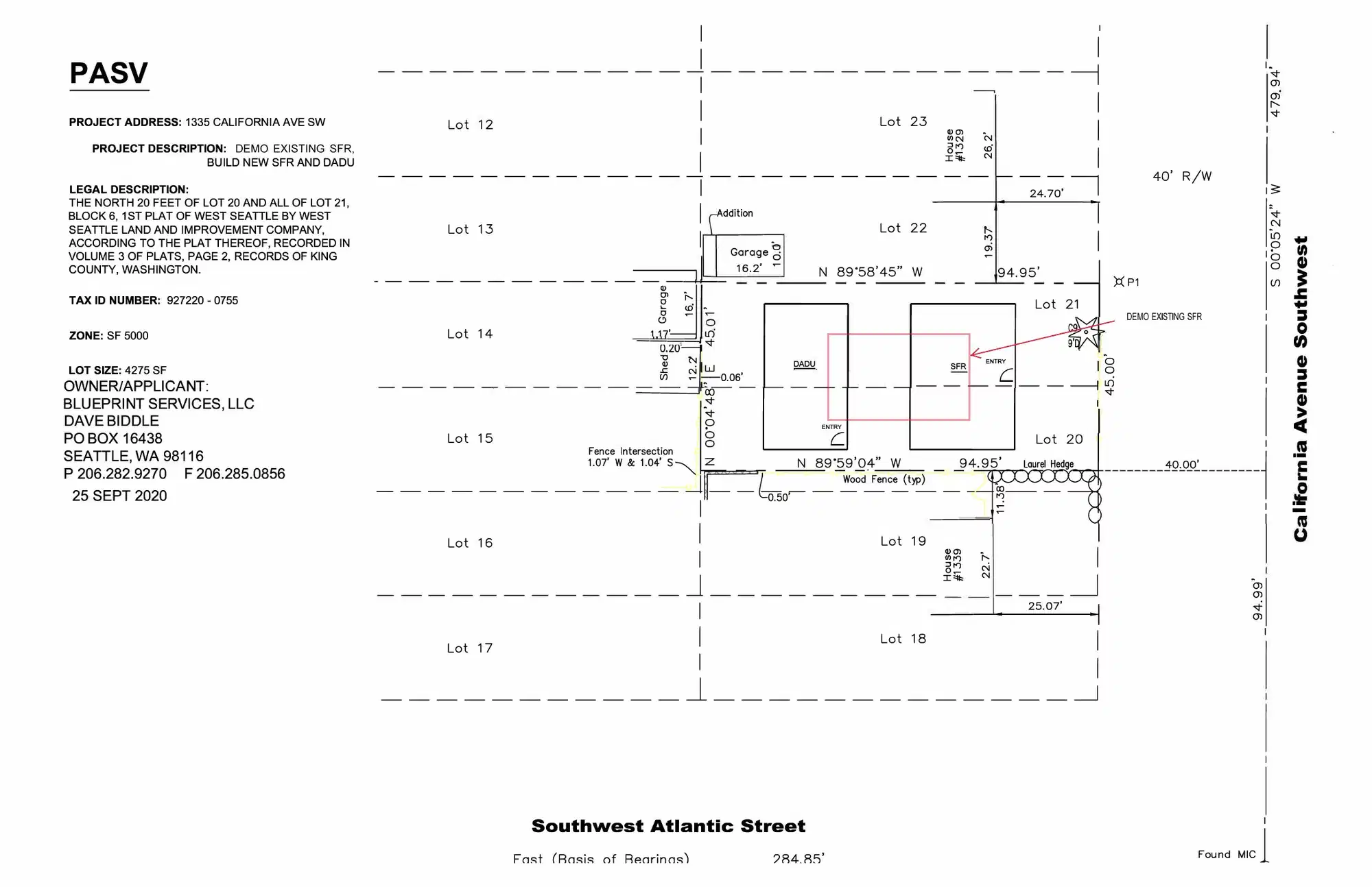 Site plan for 1335 California Ave SW